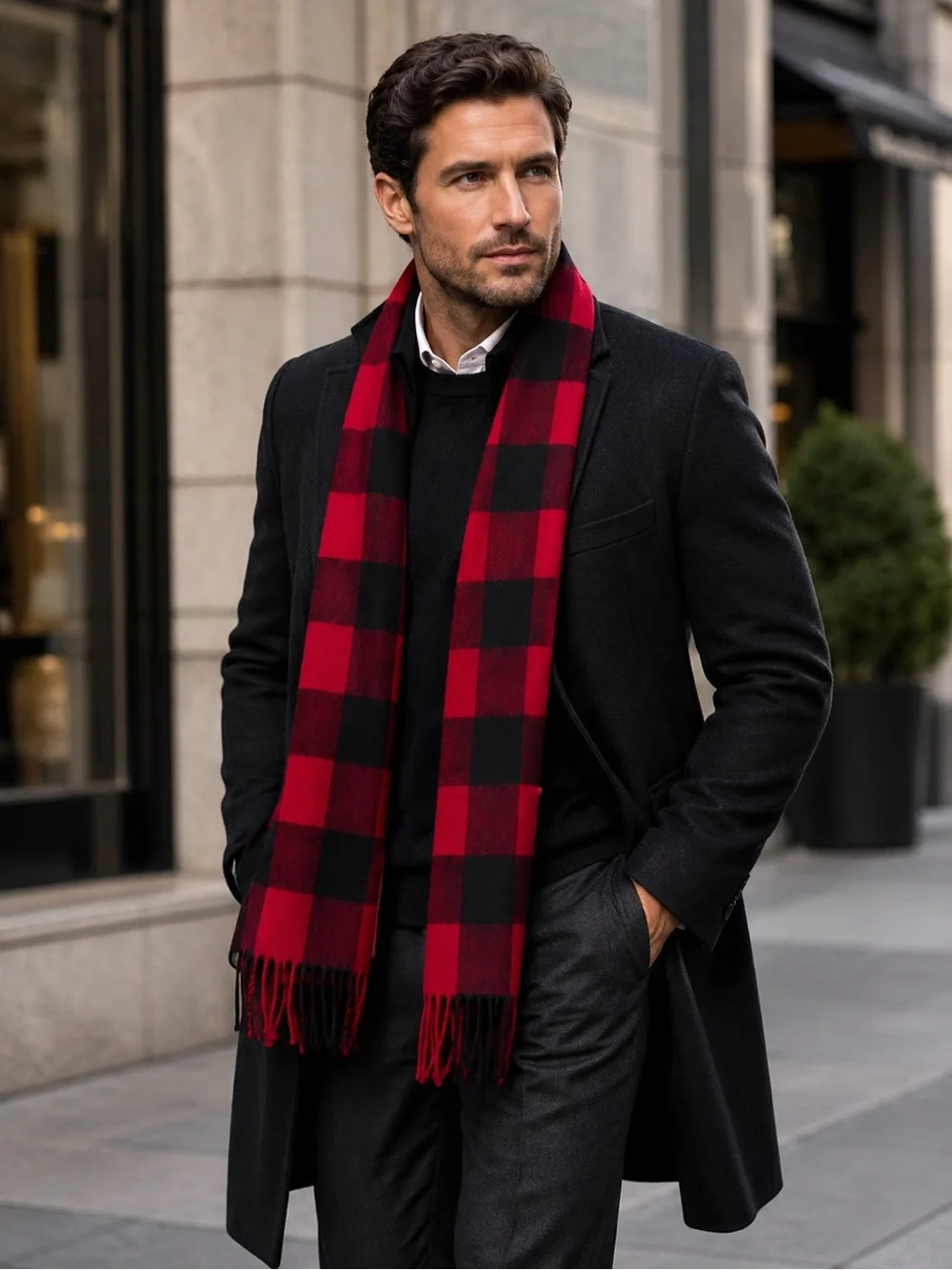 OLD NAVY UNISEX Red Black Buffalo Plaid Check Fringe Scarf NEW